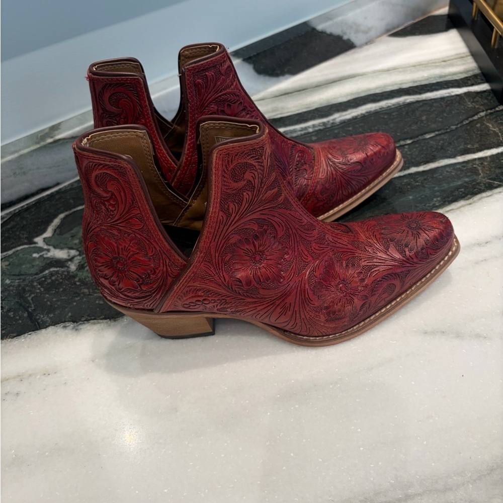 Myra Floral Embossed Leather Western Booties | Red | Size 7 - Picture 4 of 8